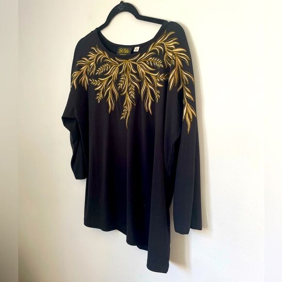 BOB MACKIE WEARABLE ART Womens  Black Gold Embroidered Rhinestone 3/4 Sleeves M - Picture 1 of 7